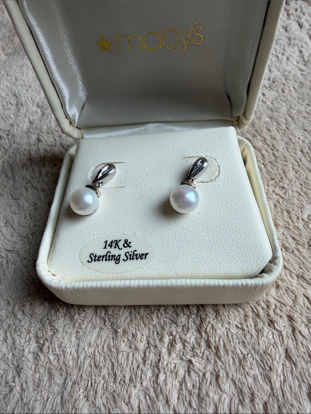 Macy's Sterling Silver 14K Pearl Drop Earrings - White Pearls